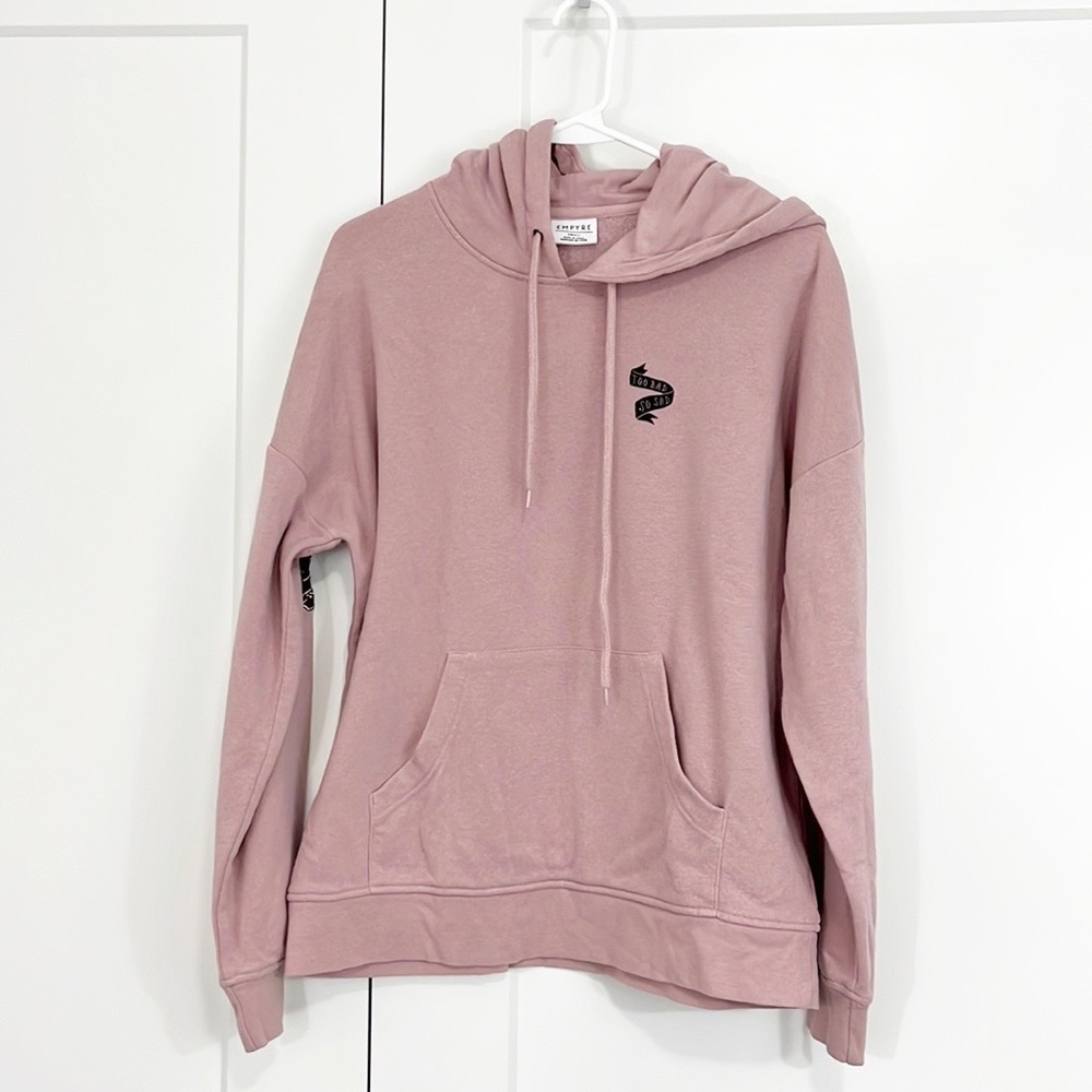 Empyre Small Mauve Pink Rose Embroidered Too Bad Hoodie Sweatshirt with Pocket